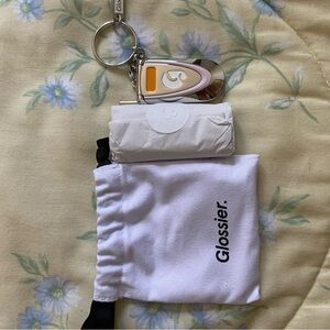 Glossier White Pouch with Silver Keychain
